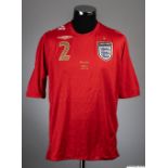 Gary Neville red No.2 England v. Greece match issued short-sleeved shirt, 2006-07