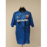 Paul Parker blue and black No.2 Manchester United match issued/worn short-sleeved shirt, 1992-93