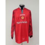 Eric Cantona red and white No.7 Manchester United match worn long-sleeved shirt, 1997