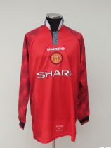 Eric Cantona red and white No.7 Manchester United match worn long-sleeved shirt, 1997