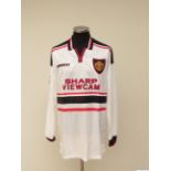 Andy Cole white, black and red No.9 Manchester United Champions League match worn long-sleeved shirt