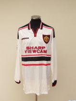 Andy Cole white, black and red No.9 Manchester United Champions League match worn long-sleeved shirt