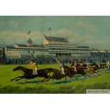 Pair of 1886-published German chromolithographs depicting Fred Archer's last Epsom Derby win