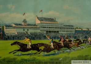 Pair of 1886-published German chromolithographs depicting Fred Archer's last Epsom Derby win