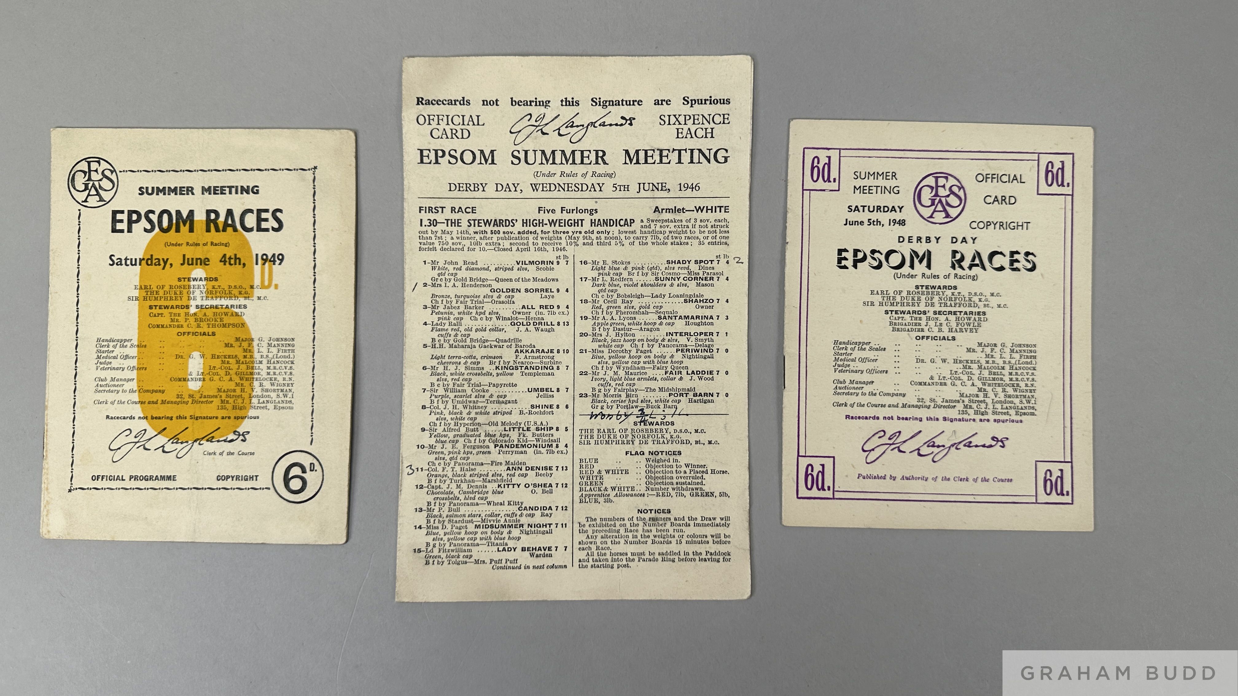 A trio of Epsom Derby racecards for 1946, 1948 and 1949, won by Airborne, My Love and Nimbus