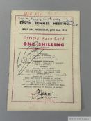 Lester Piggott signed racecard for his first Derby victory as an 18-year-old on Never Say Die in