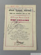 Lester Piggott signed racecard for his first Derby victory as an 18-year-old on Never Say Die in