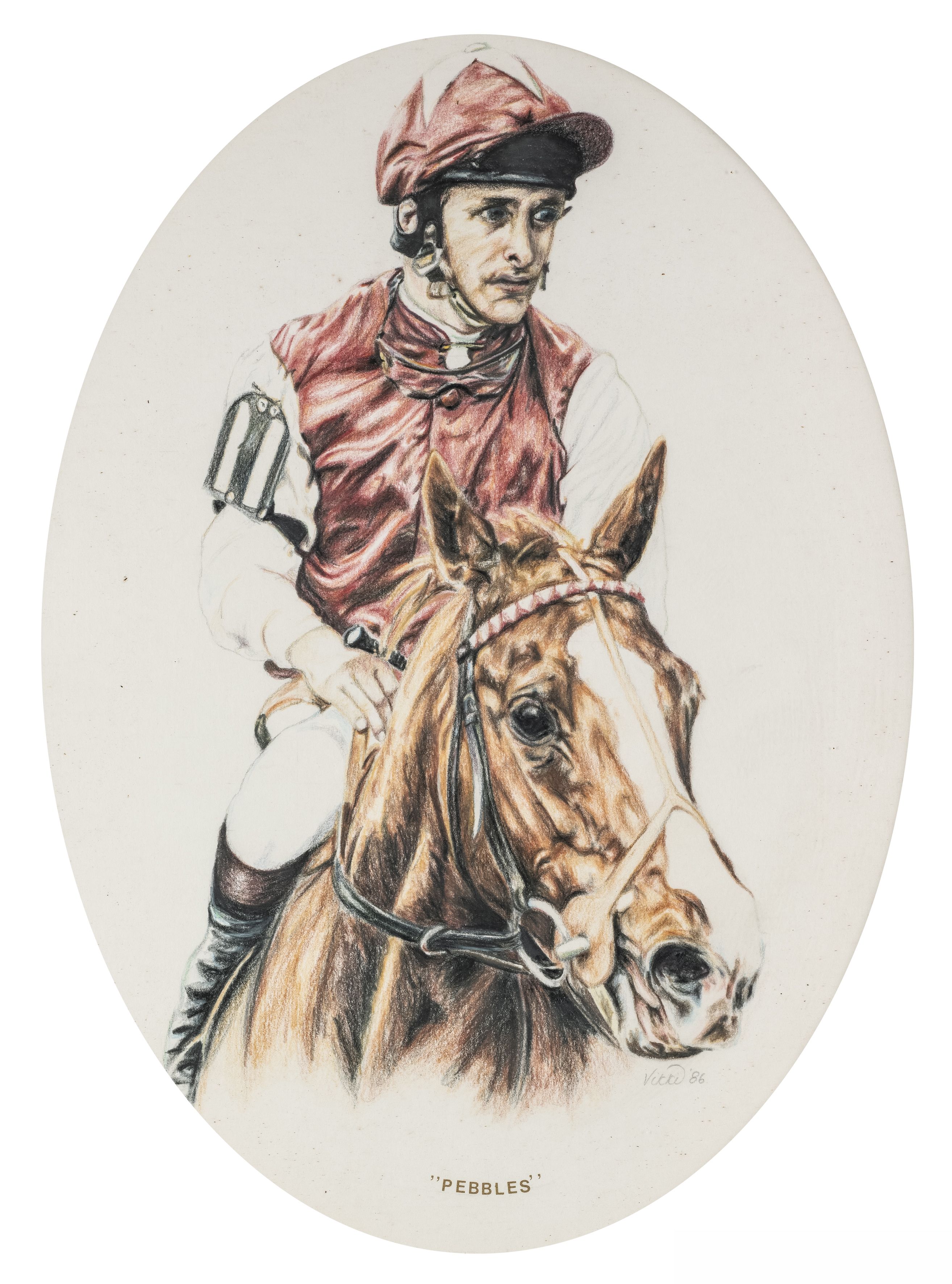 A group of four framed items from the Pat Eddery Collection, i) oval shaped print featuring