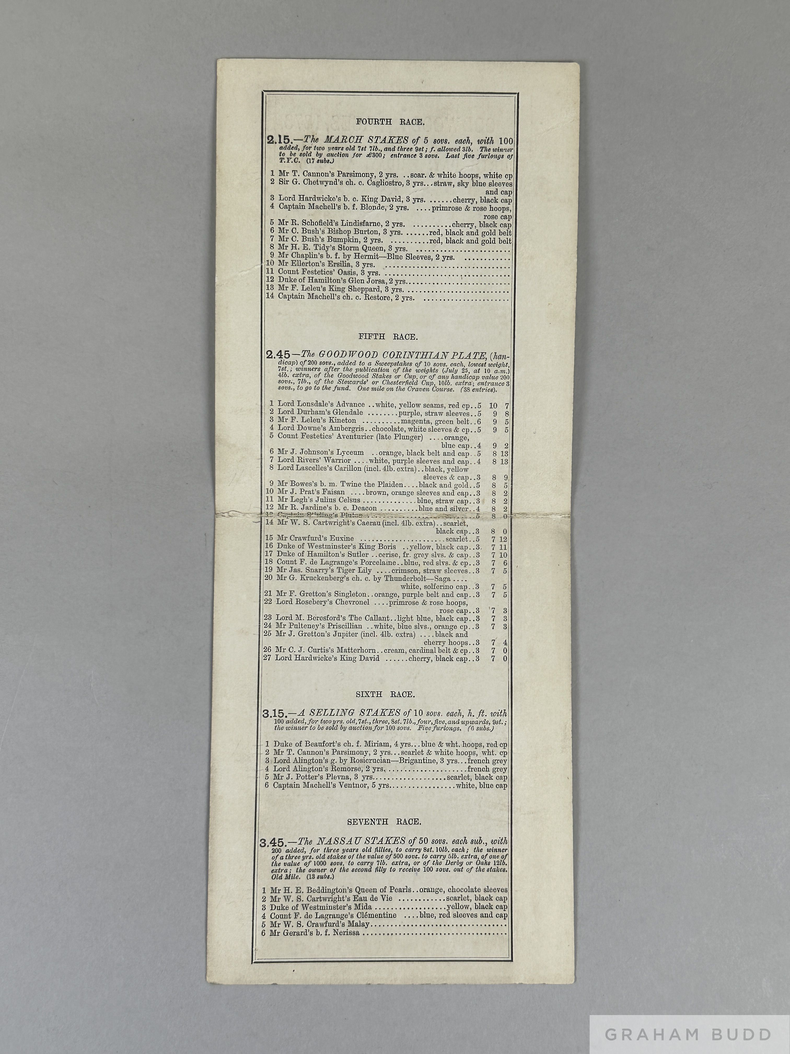 Racecard for Goodwood 2nd August 1878, featuring the Duke of Richmond's Plate, Nursery Stakes, - Image 2 of 2