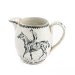 Earthenware jug commemorating the jockey Fred Archer circa 1886, black transfer printed decoration