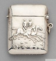 A silver vesta case designed with two racehorses and jockeys,