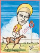 Signed caricature of Lester Pigott, signed in red marker, additionally signed by the caricaturist