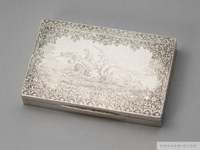 19th century French silver cigarette case engraved with the the finish of a horse race, inscribed