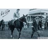 Lester Piggott signed photograph, 7 1/2 by 11 1/2  b&w featuring Lester after winning his first