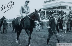 Lester Piggott signed photograph, 7 1/2 by 11 1/2  b&w featuring Lester after winning his first