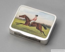 A good quality Victorian silver and enamel vesta case portraying a racehorse and jockey,
