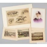 Nine Victorian horse racing prints. featuring the jockeys George Fordham & Jem Robinson, plus Ascot,