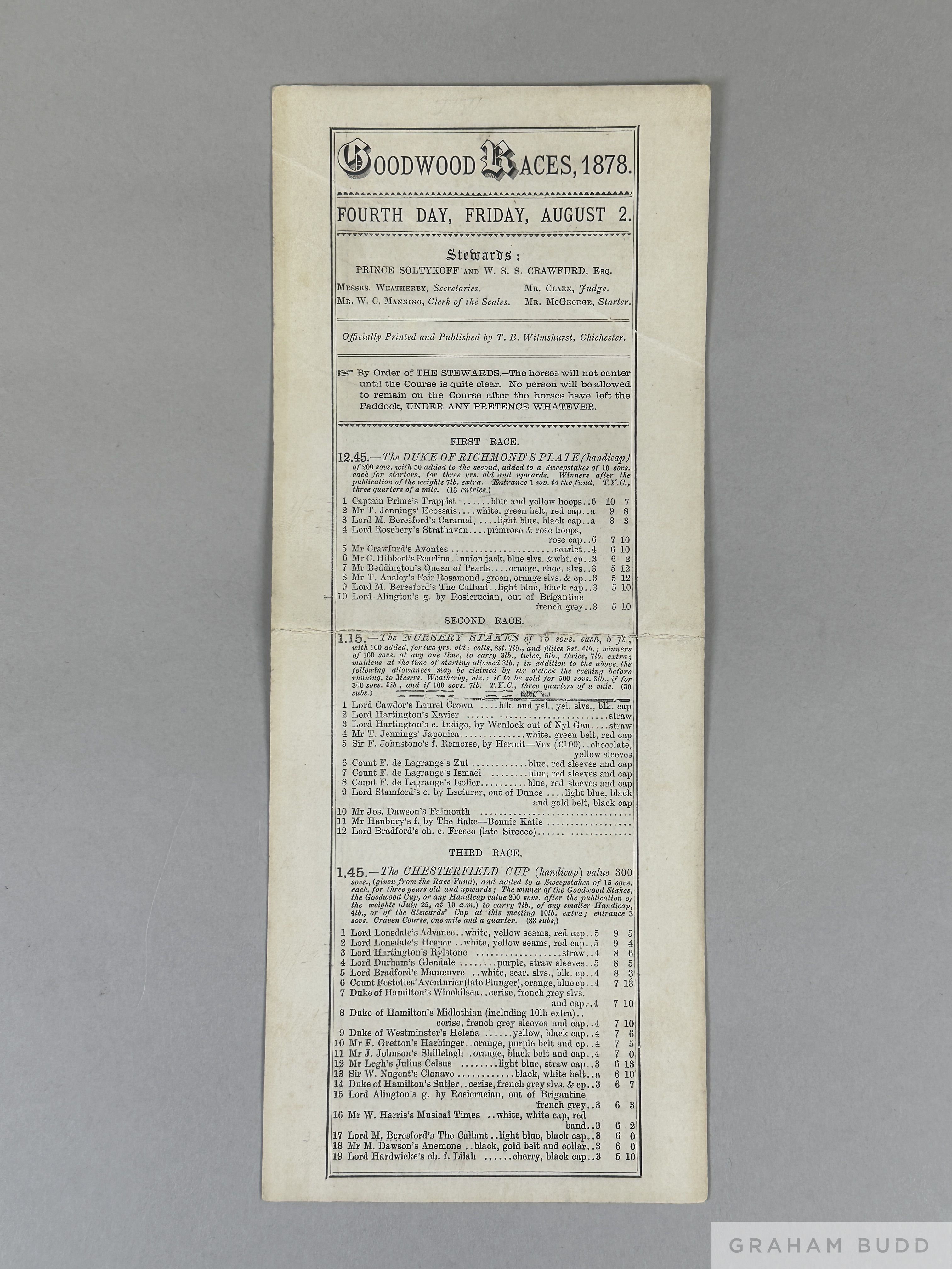 Racecard for Goodwood 2nd August 1878, featuring the Duke of Richmond's Plate, Nursery Stakes,