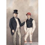 A Victorian colour print of the jockey Fred Archer and Newmarket trainer Mathew [sic] Dawson, the