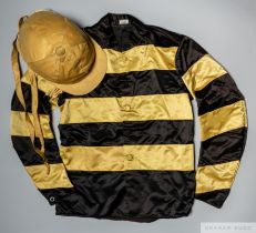 A set of 1950s Sir Derrick Bailey jockey silks with the cap signed by Lester Piggott, by Boyce &