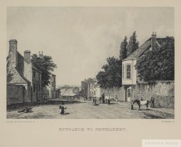 Old print titled "Entrance To Newmarket", monochrome etching after W Westall, engraved by E