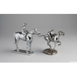 Two chromium-plated racehorse and jockey car mascots,