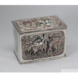 Victorian silver plated tea caddy with panels depicting racing and hunting, cedar wood interior,