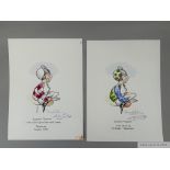 A pair of Bernard Parkin caricature prints of Lester Piggott, signed by the artist and by the