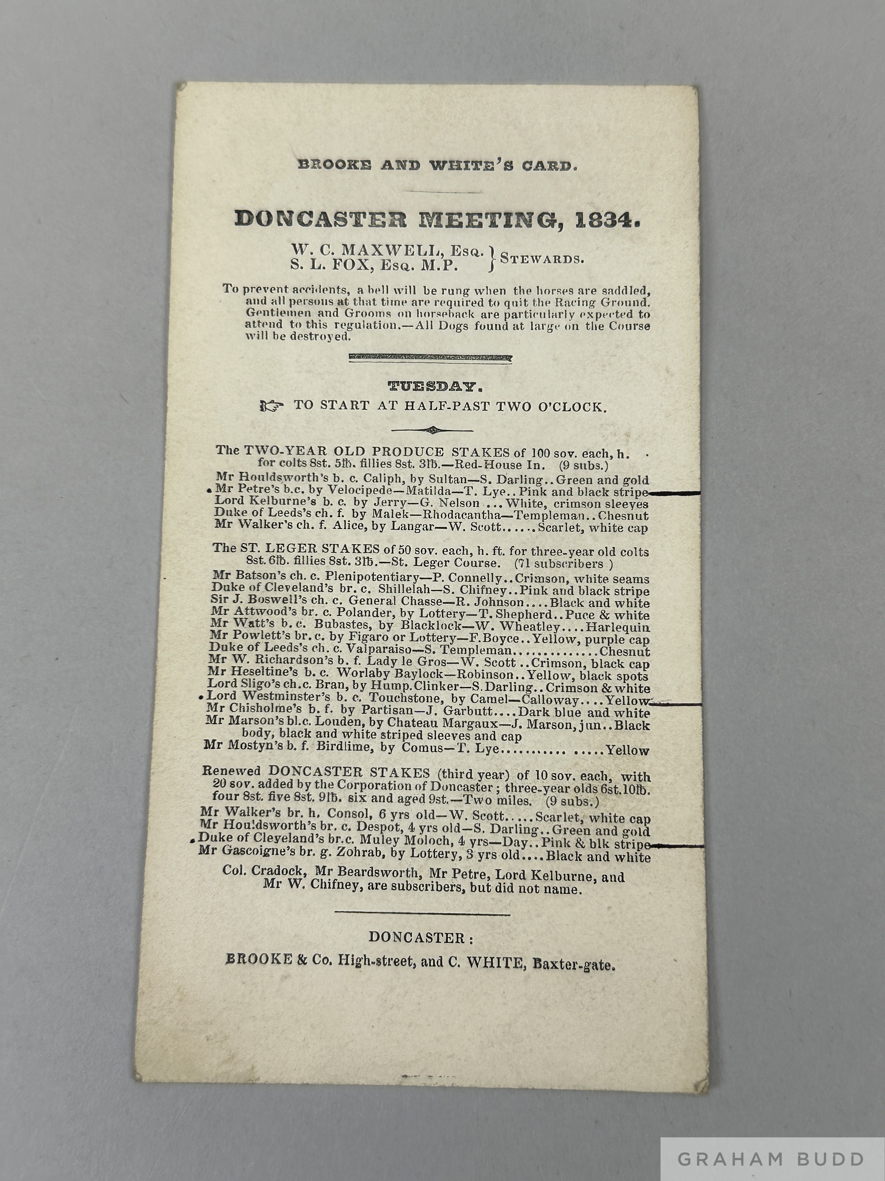 Racecard for the 1834 St Leger at Doncaster won by the Marquis of Westminster's Touchstone,