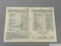 Lester Piggott signed racecard for his Triumph Hurdle victory in 1954 aboard Prince Charlemagne,
