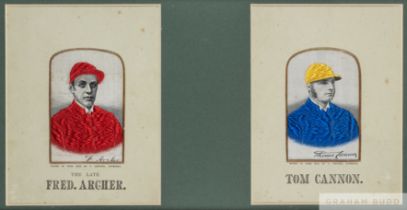 Framed stevengraphs of the Victorian jockeys Fred Archer and Tom Cannon, woven silk pictures by