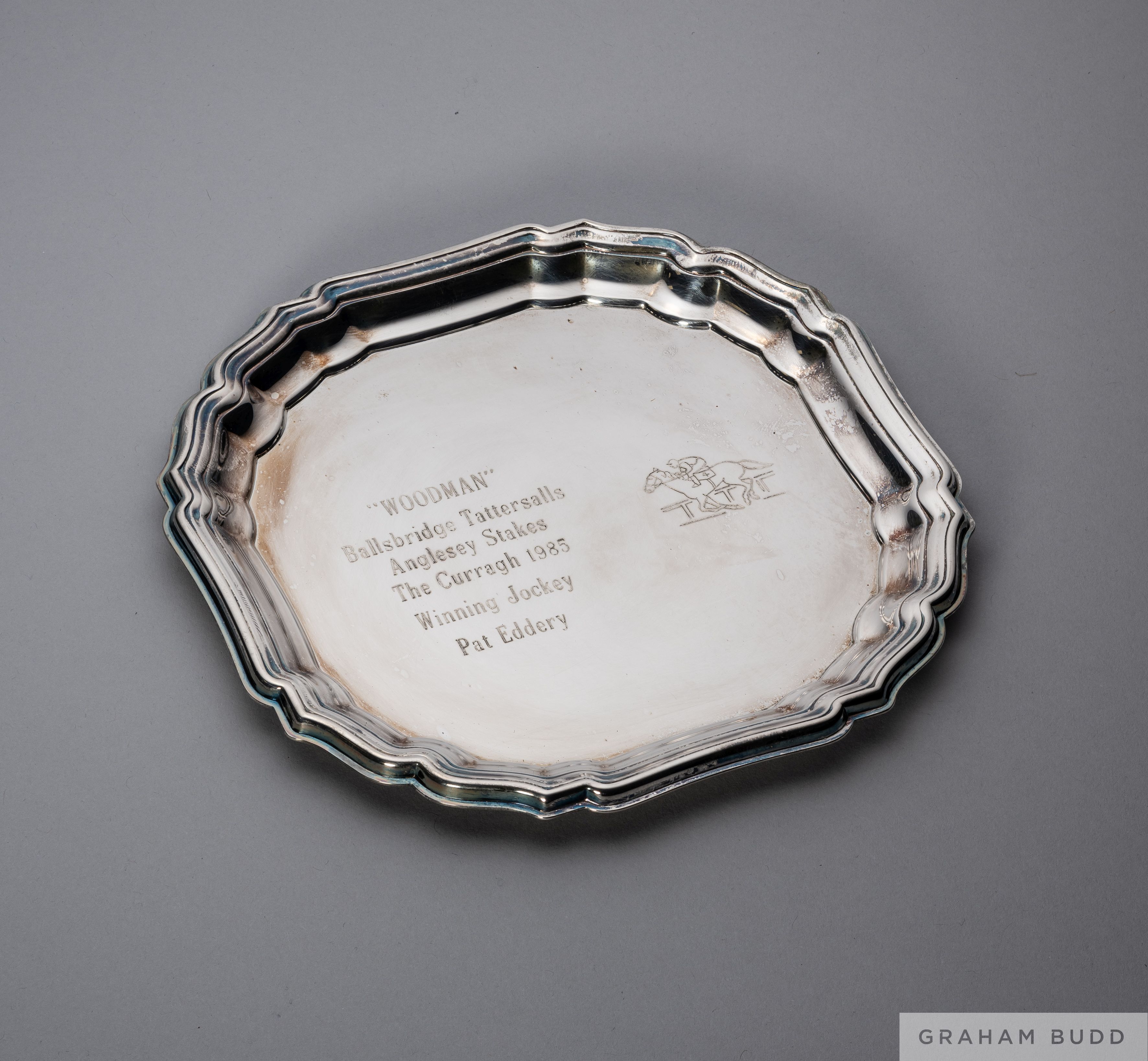The winning jockey’s trophy presented to Pat Eddery for the victory on Woodman in the 1985