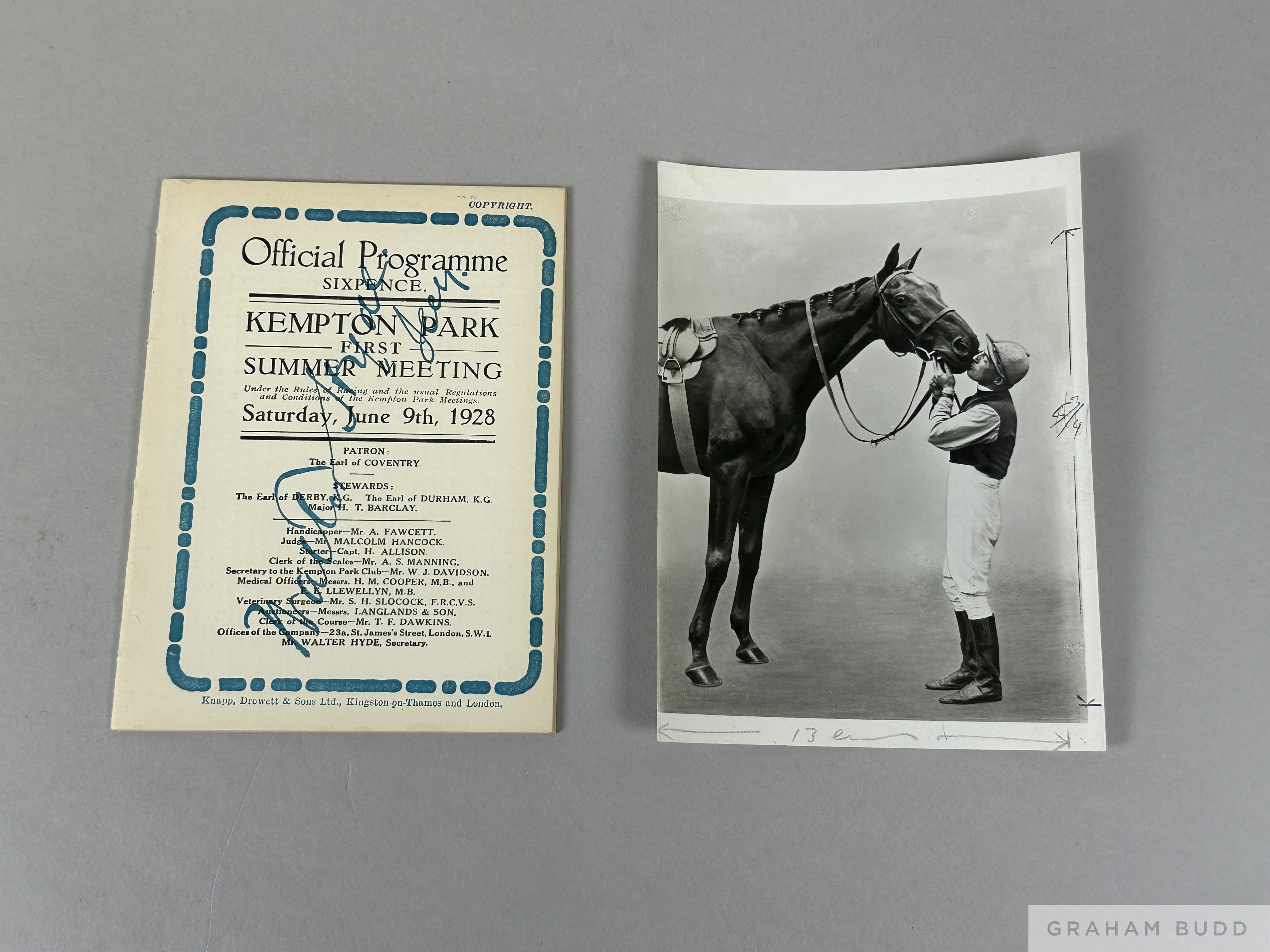 Racecard for Kempton Park 9th June 1928 featuring Brown Jack running in the Queen's Plate, pages