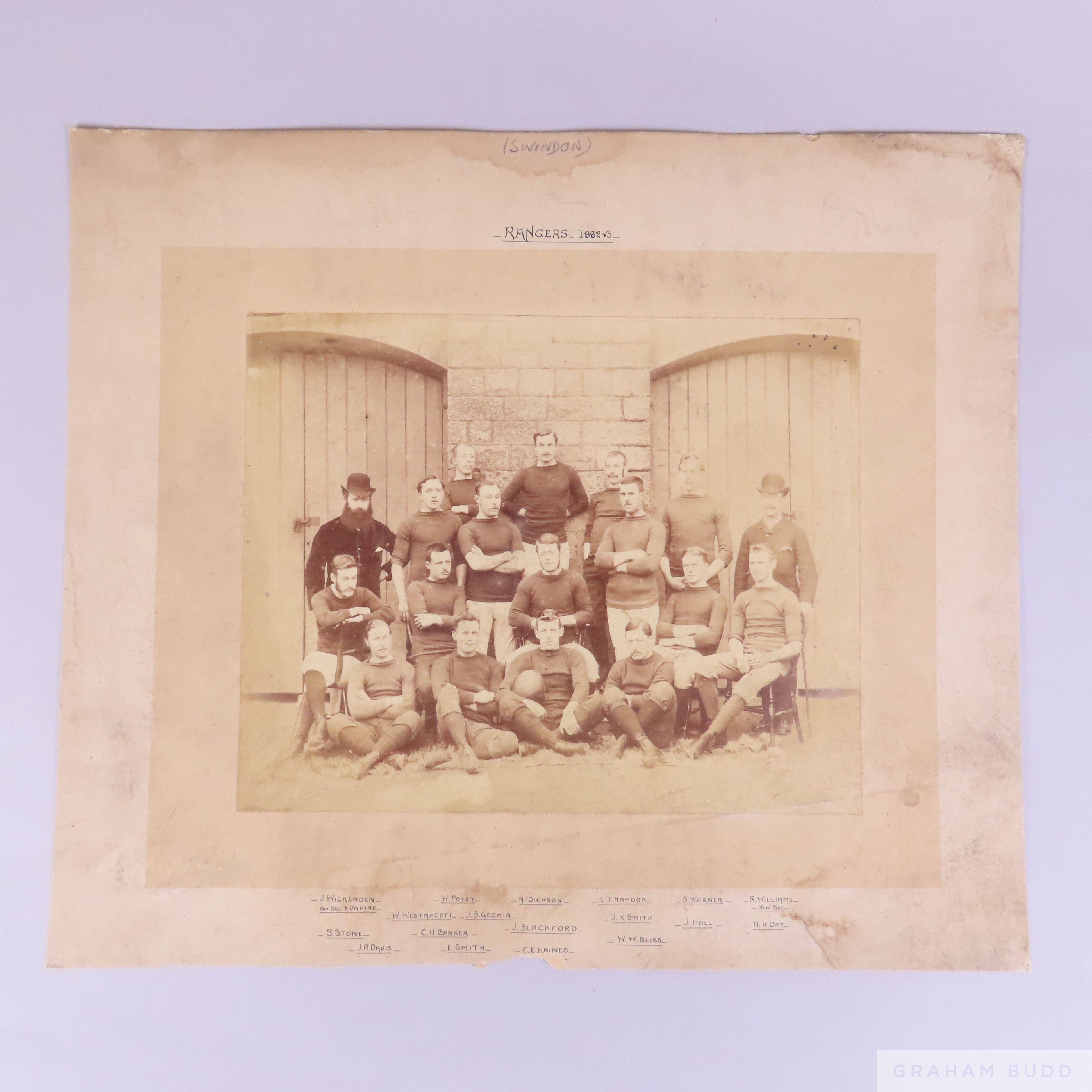 Victorian sepia-toned photograph of team line-up, inscribed in ink Rangers 1882-83