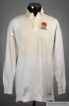Peter Squires white No.14 England International match worn rugby shirt, 1970s
