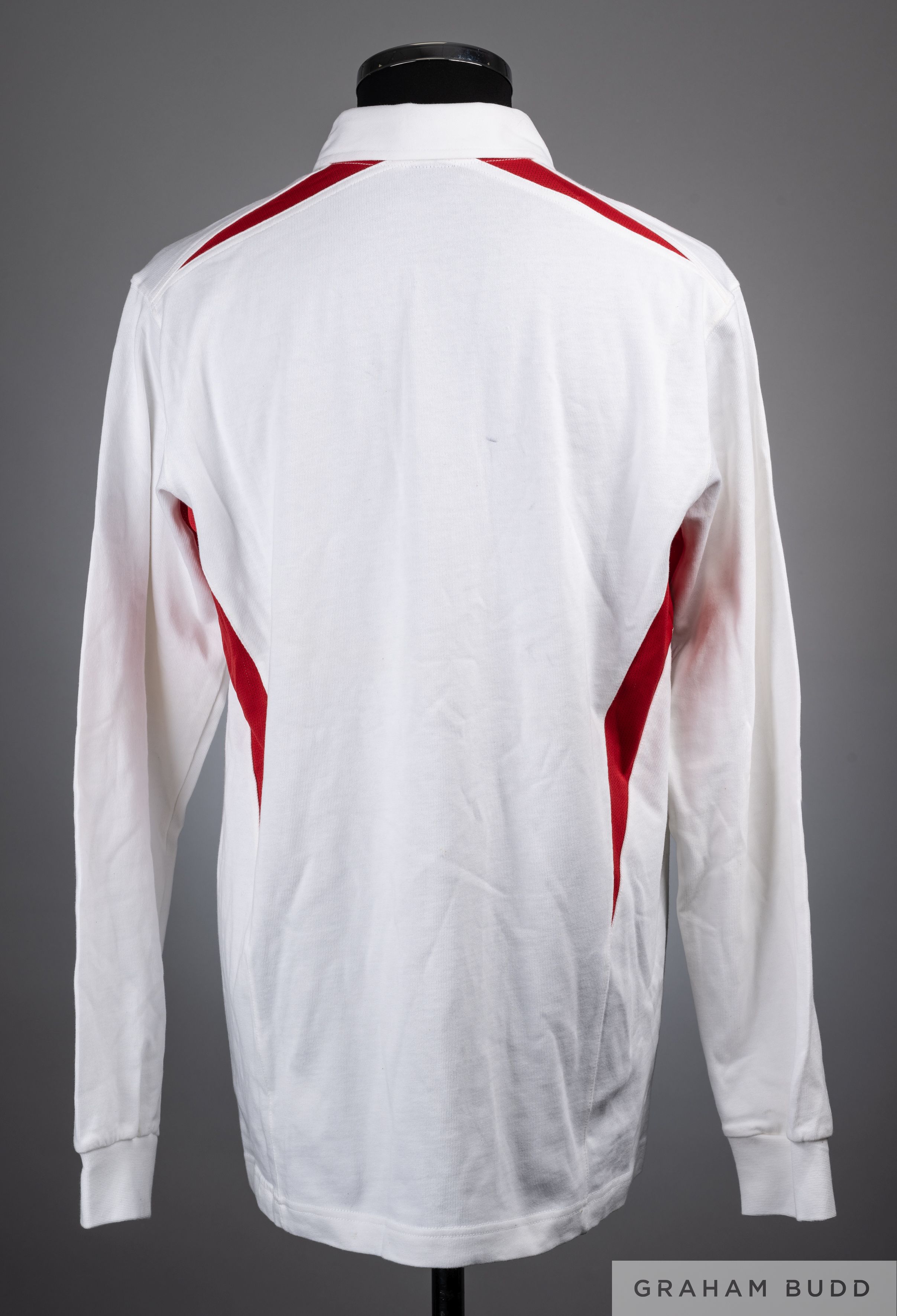 White and red England rugby shirt, bearing thirty-seven player autographs, 2004 - Image 2 of 2