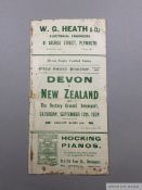 Rare Devon v New Zealand All Blacks Invincibles rugby programme, 13th September 1924