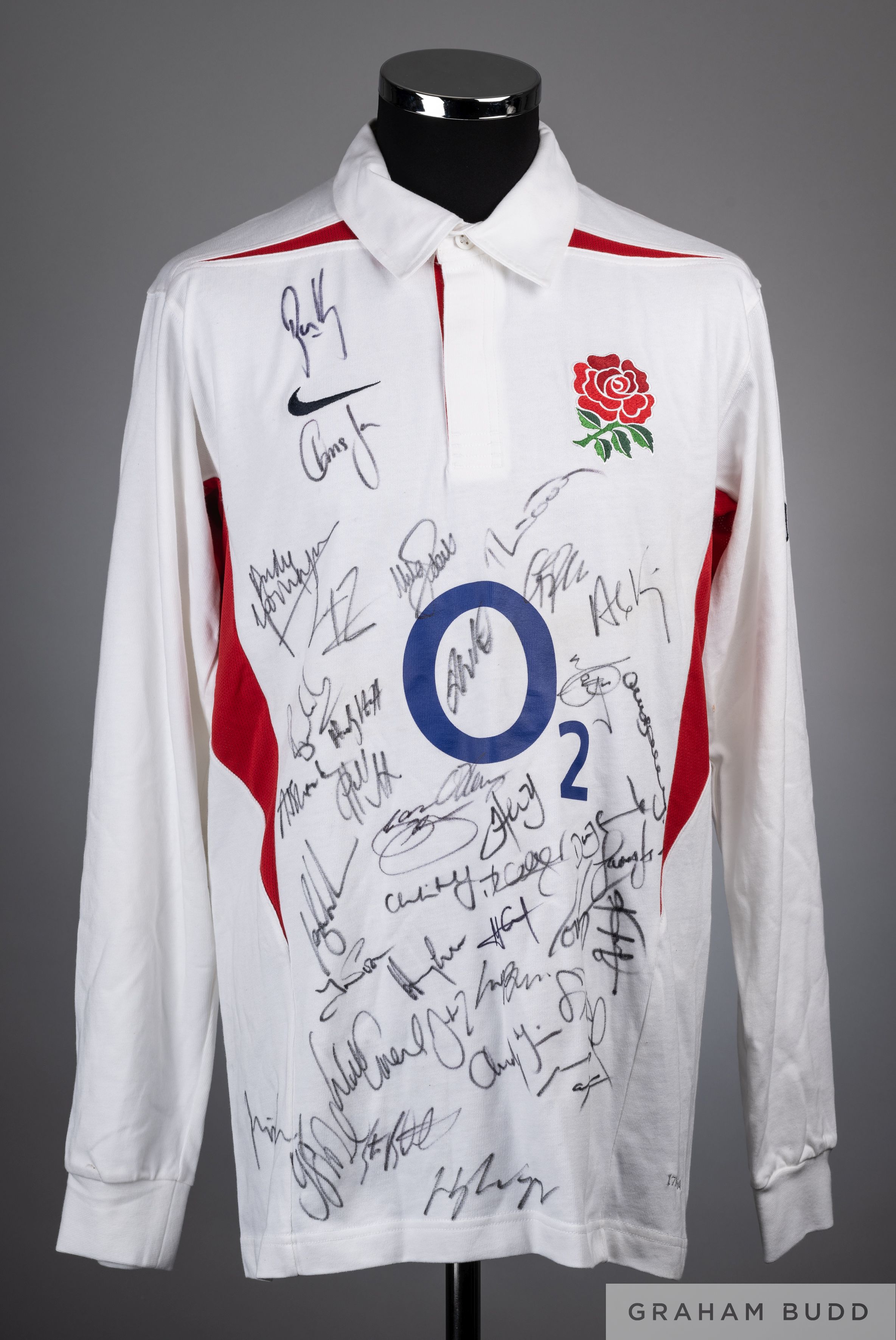 White and red England rugby shirt, bearing thirty-seven player autographs, 2004