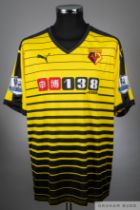 Troy Deeney yellow Watford no.9 home shirt season 2015-16 v Arsenal at Vicarage Road 17/10/15