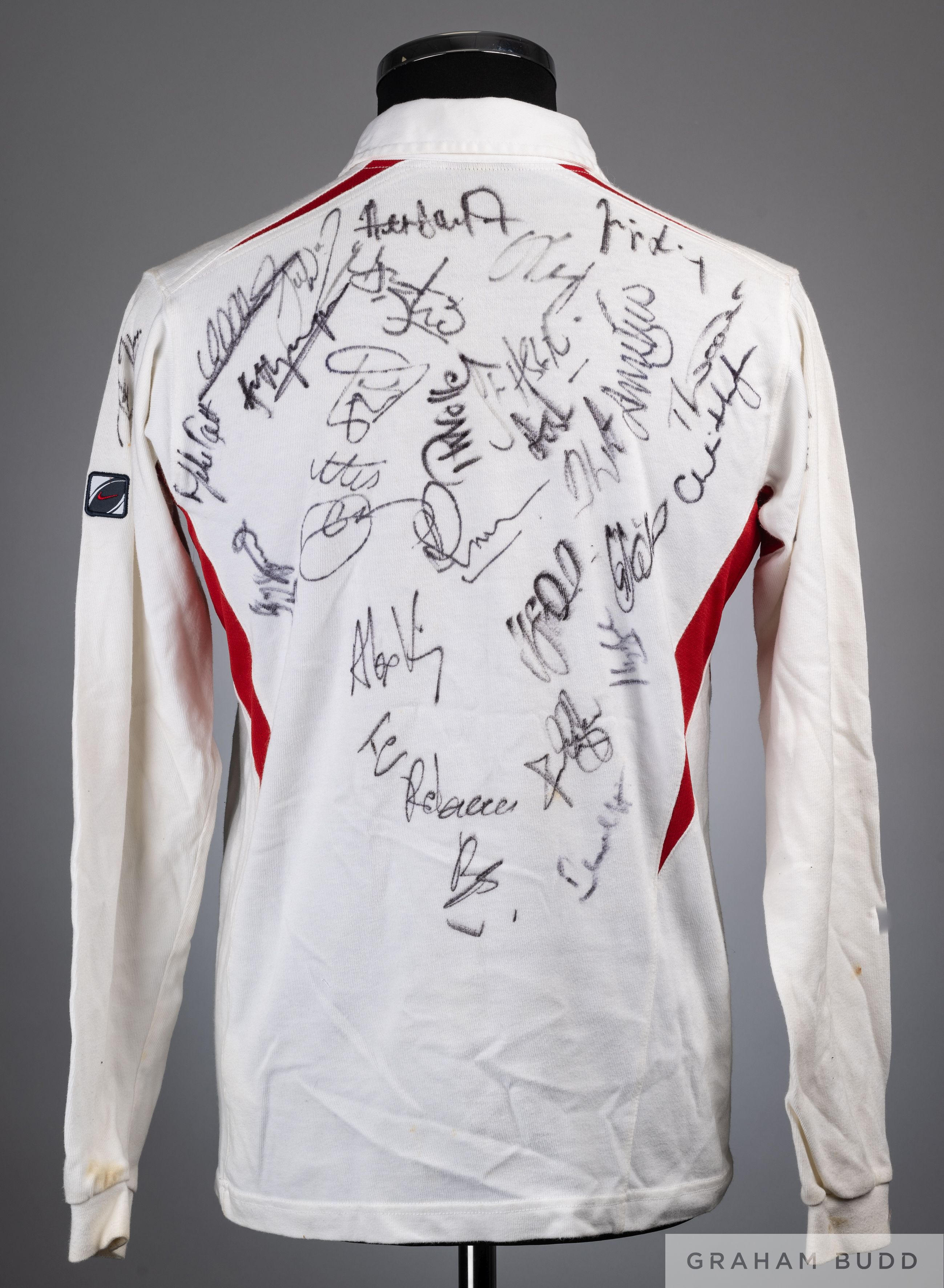 White and red England rugby shirt, the reverse bearing numerous player autographs - Image 2 of 2