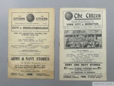 Two York City home match programmes 1925 and 1938
