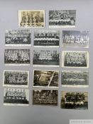 Fourteen black and white football postcards