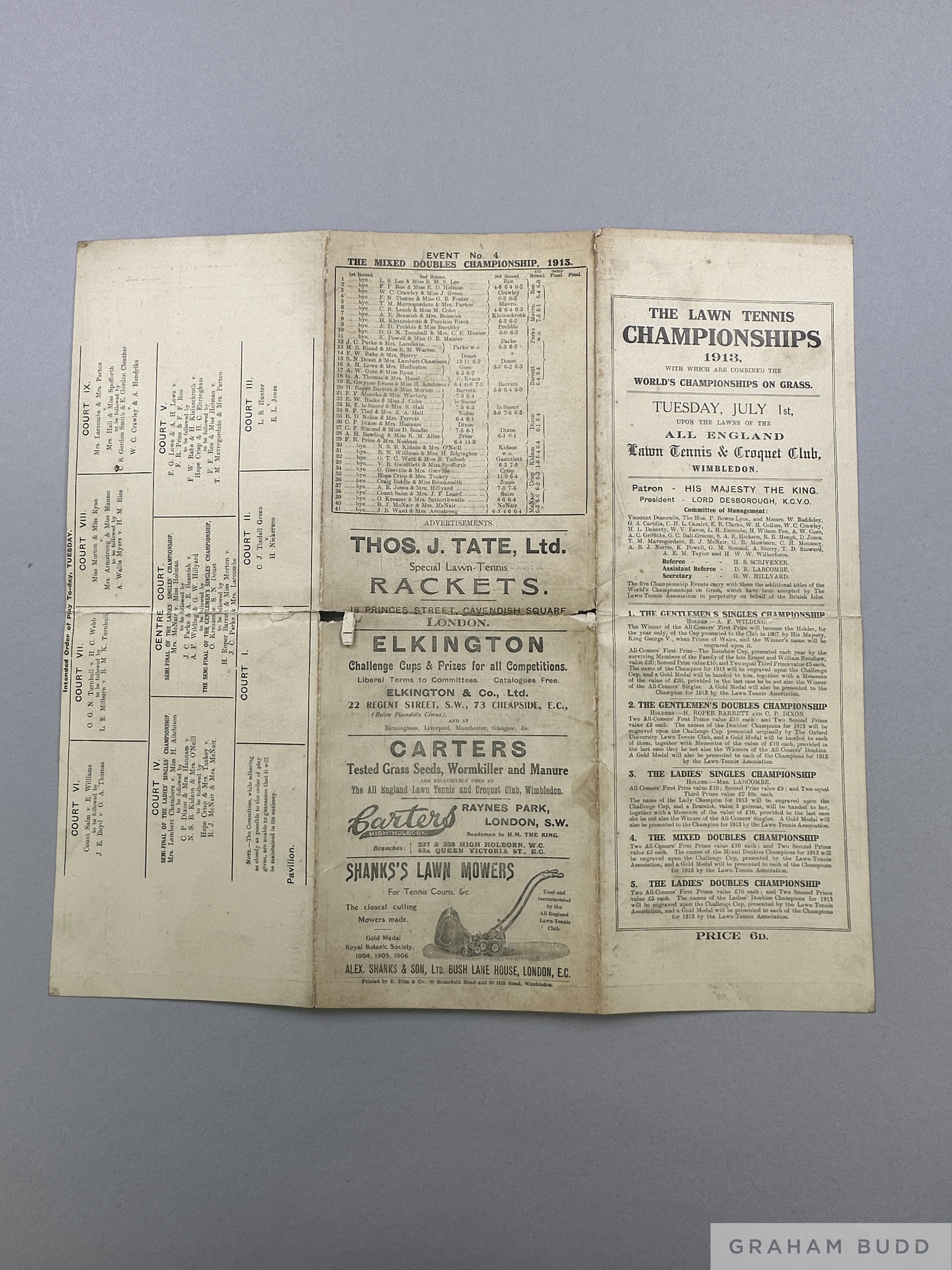 Scarce programme for the All England Lawn Tennis Championships at Wimbledon, 1913