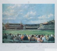 A pair of framed and glazed limited edition cricket prints and scorecards by Alan Fearnley,