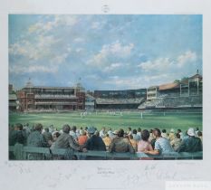 A pair of framed and glazed limited edition cricket prints and scorecards by Alan Fearnley,