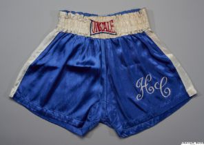 Henry Cooper pair of blue and white Lonsdale boxing trunks, early 1960s