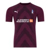 Liam Hogan burgundy Oldham Athletic AFC 'Alzheimer's Research UK For A Cure' no.4 shirt,