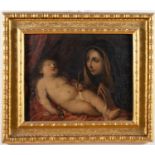 Maestro del XVII secolo, “Madonna con Bambino”.Olio su tela, H cm 50x63,5 (difetti)