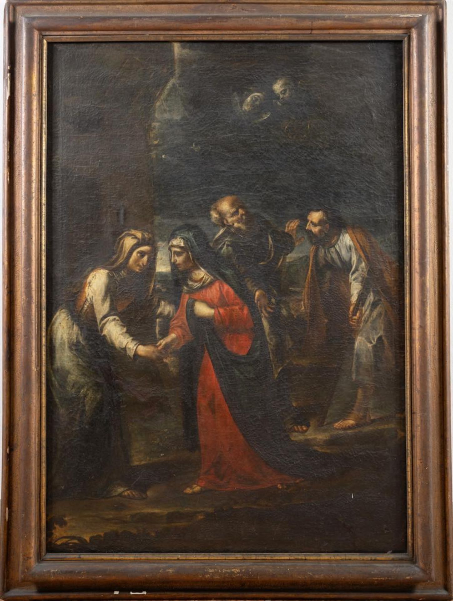 Maestro dell’XVII secolo, “Sacra visitazione”.Olio su tela, H cm 135x95 (difetti)
