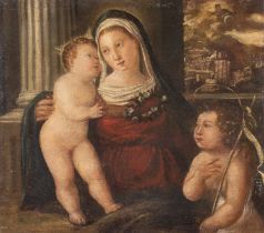 Maestro veneto del XVI secolo, “Madonna con Bambino e San Giovannino”. Olio su tela, H cm